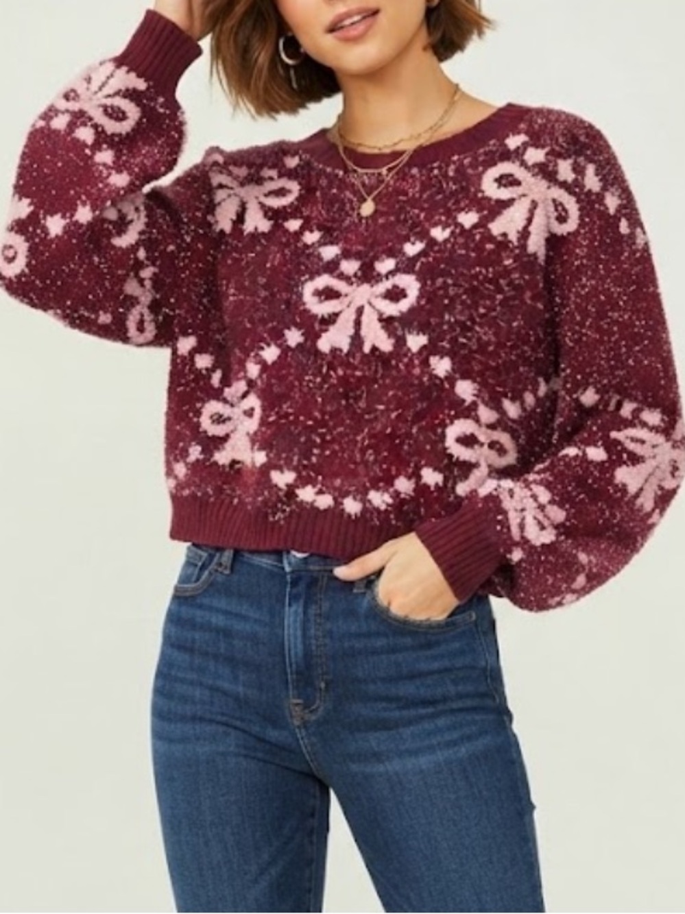 Altar'd State Women’s Burgundy & Pink Bow-Patterned Long Sleeved Sweater XL